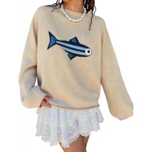 imagechouyatou Womens Fall Graphic Chunky Knit Pullover Sweater Cute Y2K Curled Crewneck Oversized Sweater TopBeige