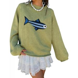 imagechouyatou Womens Fall Graphic Chunky Knit Pullover Sweater Cute Y2K Curled Crewneck Oversized Sweater TopGreen