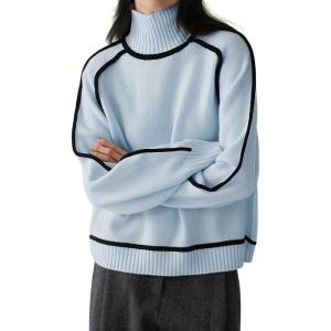 imagechouyatou Womens Fall Turtleneck Sweater Contrast Ribbed Knit Jumper Pullover Tops Casual Loose KnitwearLight Blue