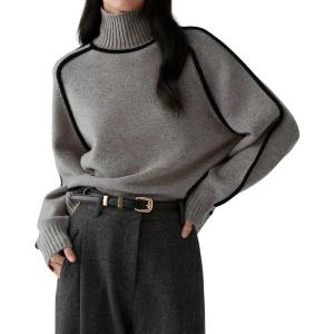 imagechouyatou Womens Fall Turtleneck Sweater Contrast Ribbed Knit Jumper Pullover Tops Casual Loose KnitwearLight Grey