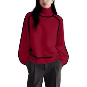 imagechouyatou Womens Fall Turtleneck Sweater Contrast Ribbed Knit Jumper Pullover Tops Casual Loose KnitwearRed
