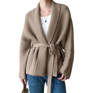 imagechouyatou Womens Shawl Collar Open Front Sweater Cardigan Chunky Knit Kimono Coat Outerwear with BeltCoffee