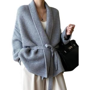 imagechouyatou Womens Shawl Collar Open Front Sweater Cardigan Chunky Knit Kimono Coat Outerwear with BeltGrey