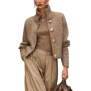 imagechouyatou Womens Stand Up Collar Cropped Cardigan Coats Button Down Short Chunky Sweater Jacket OuterwearKhaki