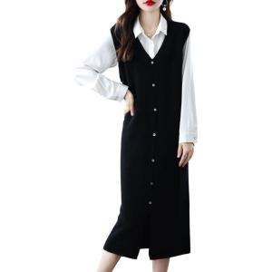 imagechouyatou Womens Sweater Vest Long Dress Elegant Below Knee Knitted Overall Dress Sleeveless Jumper Midi DressBlack
