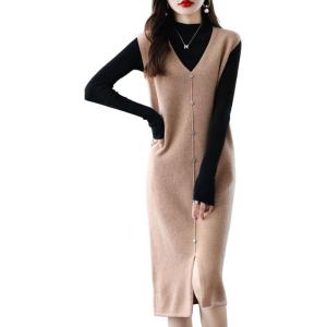 imagechouyatou Womens Sweater Vest Long Dress Elegant Below Knee Knitted Overall Dress Sleeveless Jumper Midi DressCamel