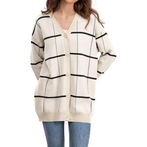 imagechouyatou Womens Vintage Plaid Button Down Cardigans Color Block V Neck Knit Cardigan Sweater Jacket CoatApricot