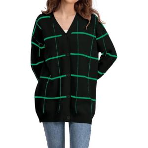 imagechouyatou Womens Vintage Plaid Button Down Cardigans Color Block V Neck Knit Cardigan Sweater Jacket CoatBlack