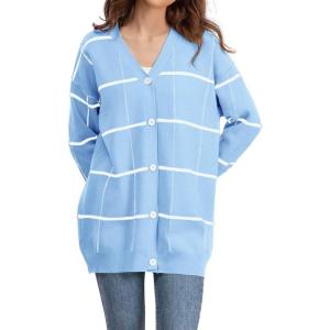 imagechouyatou Womens Vintage Plaid Button Down Cardigans Color Block V Neck Knit Cardigan Sweater Jacket CoatBlue