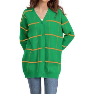 imagechouyatou Womens Vintage Plaid Button Down Cardigans Color Block V Neck Knit Cardigan Sweater Jacket CoatGreen
