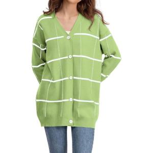 imagechouyatou Womens Vintage Plaid Button Down Cardigans Color Block V Neck Knit Cardigan Sweater Jacket CoatLight Green