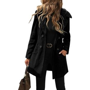 imagechouyatou Womens Winter Double Breasted Hooded Wool Coat Notch Collar Trench Coat PeacoatBlack