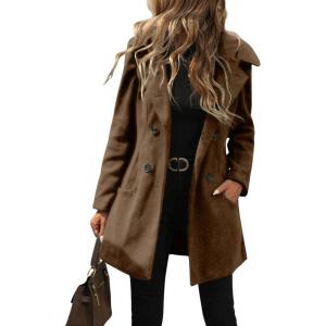 imagechouyatou Womens Winter Double Breasted Hooded Wool Coat Notch Collar Trench Coat PeacoatBrown