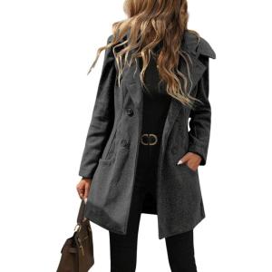 imagechouyatou Womens Winter Double Breasted Hooded Wool Coat Notch Collar Trench Coat PeacoatDark Grey