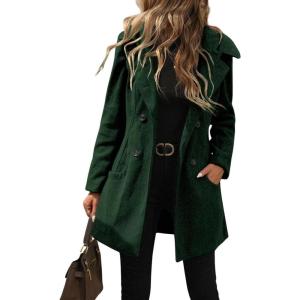 imagechouyatou Womens Winter Double Breasted Hooded Wool Coat Notch Collar Trench Coat PeacoatGreen