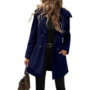 imagechouyatou Womens Winter Double Breasted Hooded Wool Coat Notch Collar Trench Coat PeacoatNavy Blue