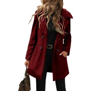imagechouyatou Womens Winter Double Breasted Hooded Wool Coat Notch Collar Trench Coat PeacoatRed