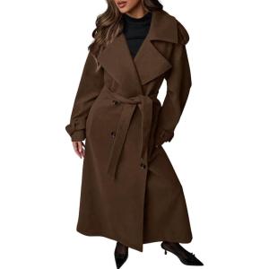 imagechouyatou Womens Winter Double Breasted Midi Long Wool Coat Business Casual Notch Lapel Winter Trench Coat with BeltCoffee