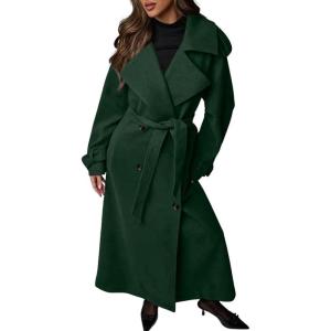 imagechouyatou Womens Winter Double Breasted Midi Long Wool Coat Business Casual Notch Lapel Winter Trench Coat with BeltGreen