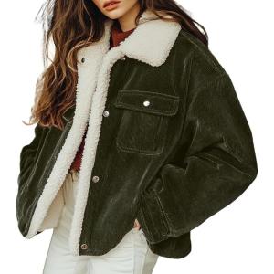 imagechouyatou Womens Winter Sherpa Fleece Lined Corduroy Coat Button Down Warm Faux Fur Jacket OuterwearArmy Green