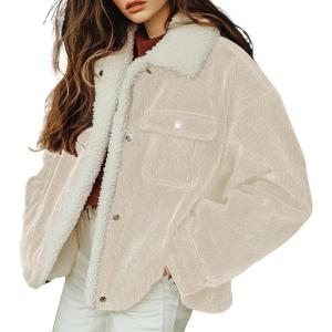 imagechouyatou Womens Winter Sherpa Fleece Lined Corduroy Coat Button Down Warm Faux Fur Jacket OuterwearBeige