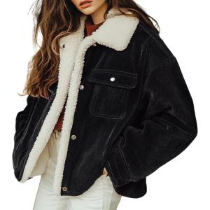 imagechouyatou Womens Winter Sherpa Fleece Lined Corduroy Coat Button Down Warm Faux Fur Jacket OuterwearBlack