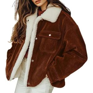 imagechouyatou Womens Winter Sherpa Fleece Lined Corduroy Coat Button Down Warm Faux Fur Jacket OuterwearBrown