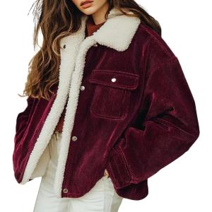 imagechouyatou Womens Winter Sherpa Fleece Lined Corduroy Coat Button Down Warm Faux Fur Jacket OuterwearBurgundy