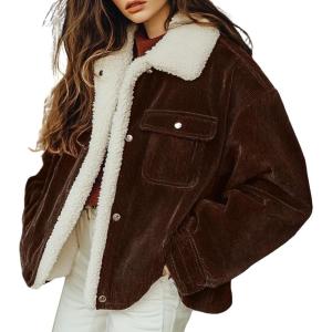 imagechouyatou Womens Winter Sherpa Fleece Lined Corduroy Coat Button Down Warm Faux Fur Jacket OuterwearDark Brown