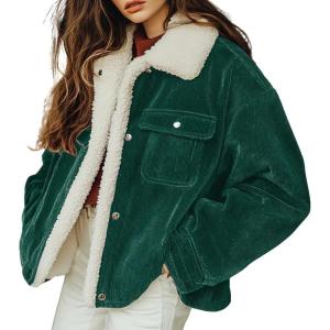 imagechouyatou Womens Winter Sherpa Fleece Lined Corduroy Coat Button Down Warm Faux Fur Jacket OuterwearDark Green