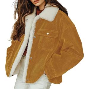 imagechouyatou Womens Winter Sherpa Fleece Lined Corduroy Coat Button Down Warm Faux Fur Jacket OuterwearGinger