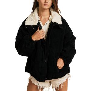 imagechouyatou Womens Winter Sherpa Lined Corduroy Jacket Button Down Oversized Casual Western Faux Fur CoatBlack