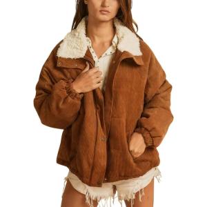 imagechouyatou Womens Winter Sherpa Lined Corduroy Jacket Button Down Oversized Casual Western Faux Fur CoatCaramel