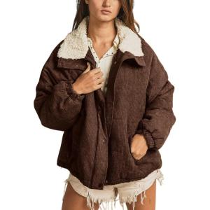 imagechouyatou Womens Winter Sherpa Lined Corduroy Jacket Button Down Oversized Casual Western Faux Fur CoatCoffee