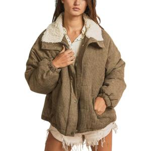 imagechouyatou Womens Winter Sherpa Lined Corduroy Jacket Button Down Oversized Casual Western Faux Fur CoatGreen Khaki