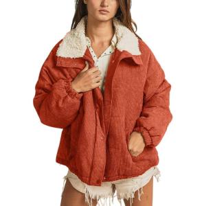 imagechouyatou Womens Winter Sherpa Lined Corduroy Jacket Button Down Oversized Casual Western Faux Fur CoatOrange