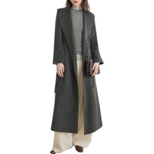 imagechouyatou Womens Winter Wool Trench Coat Shawl Collar Slim Fit Winter Warm Maxi Long Overcoat with BeltGrey