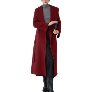 imagechouyatou Womens Winter Wool Trench Coat Shawl Collar Slim Fit Winter Warm Maxi Long Overcoat with BeltRed