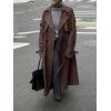 imagechouyatou Women Fall Faux Suede Leather Trench Coat Midi Long Double Breasted Winter Pea Coat OvercoatCoffee