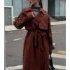 imagechouyatou Women Fall Faux Suede Leather Trench Coat Midi Long Double Breasted Winter Pea Coat OvercoatReddish Brown
