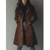 imagechouyatou Womens 2025 Fall Faux Suede Leather Trench Coat Casual Lapel Mid Long Blazer Jacket Coat with PocketsCoffee Brown