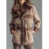 imagechouyatou Womens Fall Winter Fluffy Fleece Jacket Faux PU Leather Splicing Belted Midi Long Shacket JacketsKhaki