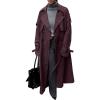 imagechouyatou Women Fall Faux Suede Leather Trench Coat Midi Long Double Breasted Winter Pea Coat OvercoatDark Purple