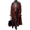 imagechouyatou Women Fall Faux Suede Leather Trench Coat Midi Long Double Breasted Winter Pea Coat OvercoatReddish Brown