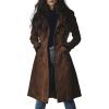 imagechouyatou Womens 2025 Fall Faux Suede Leather Trench Coat Casual Lapel Mid Long Blazer Jacket Coat with PocketsCoffee Brown