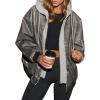 imagechouyatou Womens Fall Distressed Faux Leather Bomber Jacket Fake TwoPiece Hooded Motorcycle Leather JacketGrey