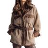 imagechouyatou Womens Fall Winter Fluffy Fleece Jacket Faux PU Leather Splicing Belted Midi Long Shacket JacketsKhaki