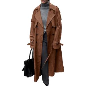 imagechouyatou Women Fall Faux Suede Leather Trench Coat Midi Long Double Breasted Winter Pea Coat OvercoatBrown