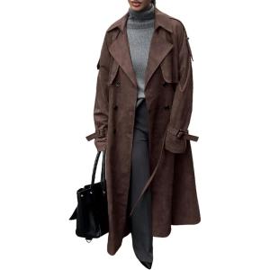 imagechouyatou Women Fall Faux Suede Leather Trench Coat Midi Long Double Breasted Winter Pea Coat OvercoatCoffee