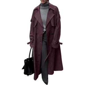 imagechouyatou Women Fall Faux Suede Leather Trench Coat Midi Long Double Breasted Winter Pea Coat OvercoatDark Purple